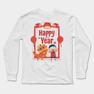 Happy New Year Celebration: Red Yellow Navy Chinese Doodle T Long Sleeve T-Shirt